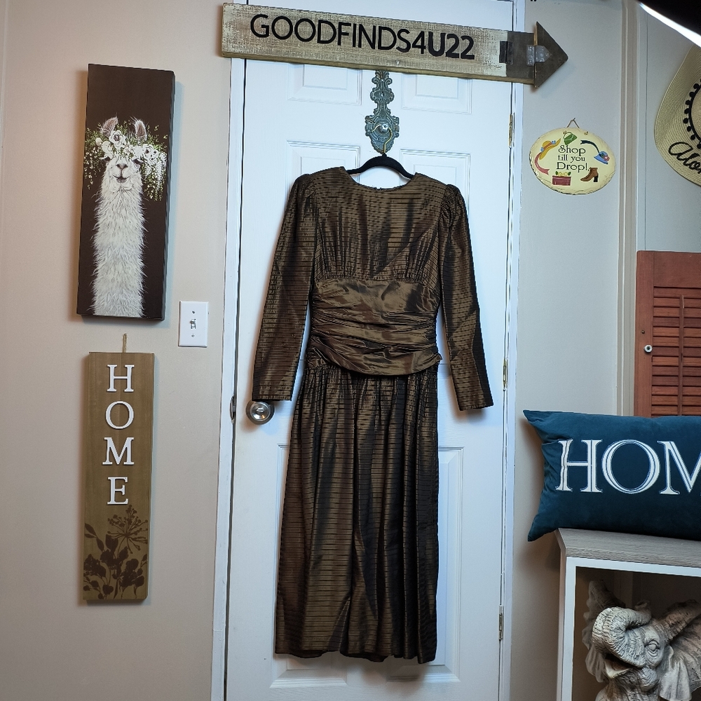 vintage misty lane ruched pleated brown metallic striped Midi dress 7/8